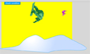 snowboarders flipping with one green on left larger than the purple one on the right